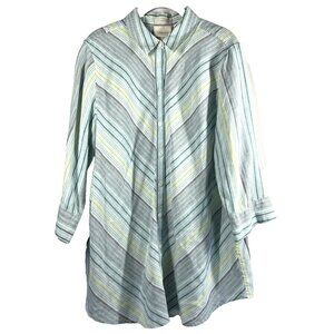 Chico's Women's Tunic Blouse Size Large Linen Blue Green Stripe 100% No Iron 3/4